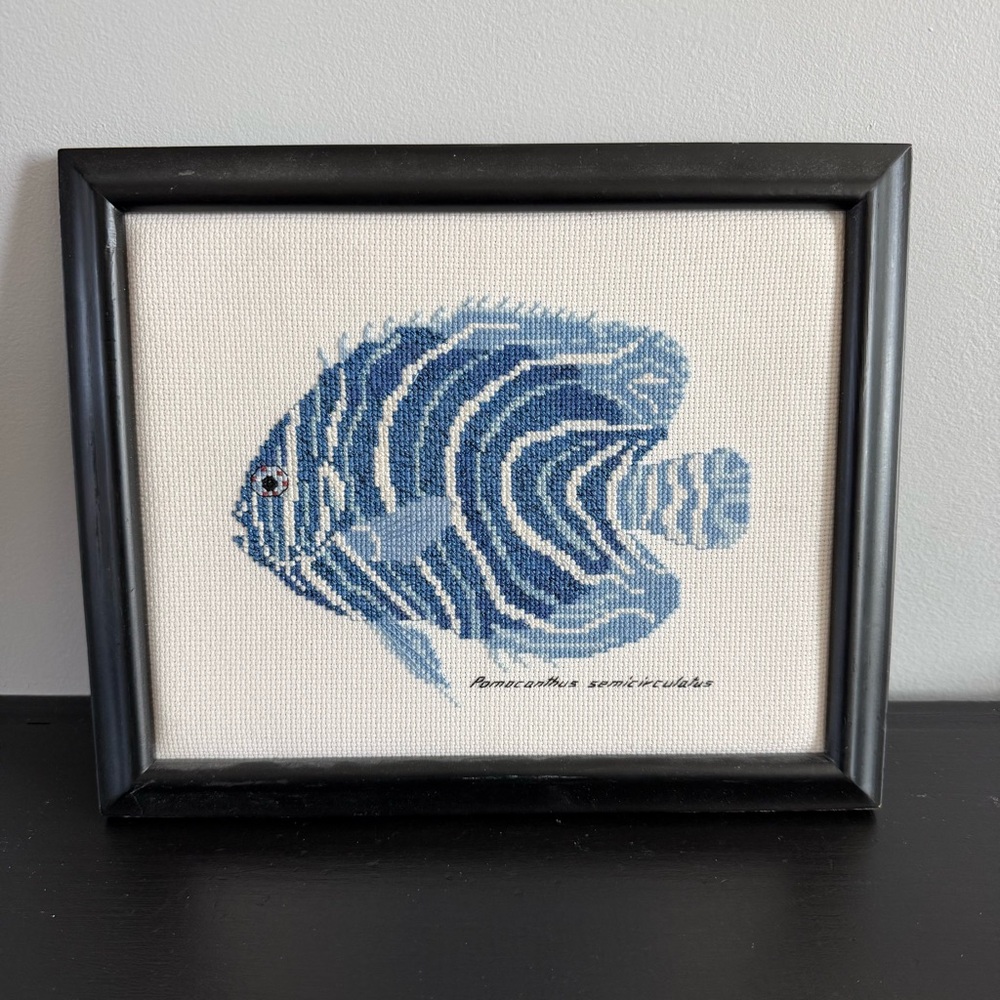 Vintage | Handmade Tropical Fish Crewel Embroidered Framed Cross-Stitch Artwork